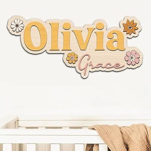 Personalized Name Sign For Nursery, Custom wooden name sign, Boho flower name sign, Girls name Sign, Baby room decor, Above crib sign, Baby gift, Floral wood sign, Retro Nursery Sign d2
