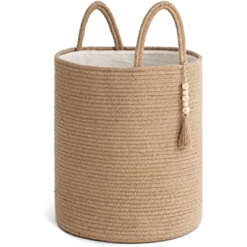 CherryNow Tall Woven Laundry Basket, Decorative Blanket Basket for Living Room, Round Wicker Basket for Towels, Clothes, Farmhouse Jute Basket for Home Decor, 15 x 17.7 inches