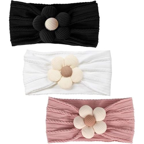 3 Pcs Baby Flower Headbands Baby Girls Nylon Headband Soft Hairbands Hair Accessories for Newborn Infant Toddler Kids (White Black Pink)