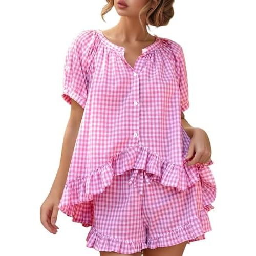 Wyeysyt Womens Gingham Pajamas Set 2 Piece Cotton Pj Sets Ruffle Babydoll Shirt and Plaid Shorts