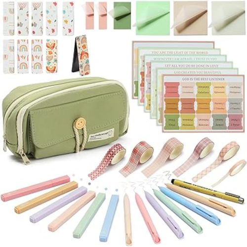 Bible Journaling Kit, Bible Highlighters and Pens No Bleed, Bible Tabs, Sticky Notes, Pencil Case, Magnetic Bookmarks, Bible Study Supplies Essential Tools for Women Men Back to School