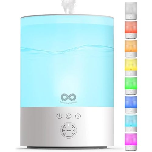 Everlasting Comfort 2.5L Top Fill Humidifier for Bedroom – Quiet, Easy to Fill & Clean, 24HR Runtime, Night Lights, Timer, Ultrasonic Cool Mist, Auto Shut-Off, Essential Oil Diffuser - White