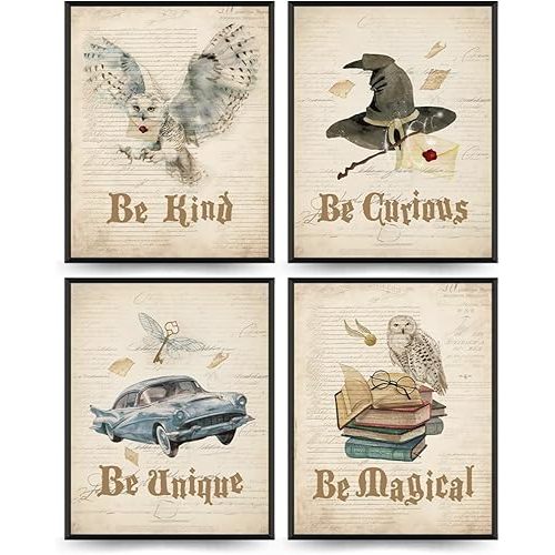 ETVISO Vintage Magic Art Prints 8x10,Magic Book Owl Envelope Wall Art Decor,Be Kind Wall Poster Picture,Magic Lovers Gifts,Magic Themed Art Decor for Club Living Room Classroom Set of 4 Unframed