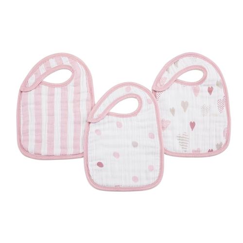 aden + anais 100% Cotton Muslin Snap Bib – Super Absorbent, Soft 3-Layer Baby Bib for Boys & Girls with Adjustable Snap-Closure for Teething, Eating, Drooling, 3-Pack, Heart Breaker