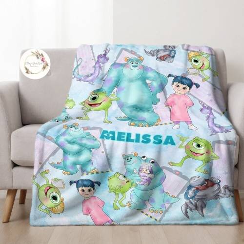 Personalized Watercolor Disney Monsters Inc Blanket, Custom Name Pixar Monsters University Baby Blanket, Sully Mike Wazowski Birthday Gifts