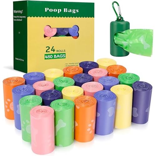 Dog Poop Bag Rolls: Leak Proof Dog Waste Bags With 1 Dispenser, 24 Rolls Refills 480 Counts Poop Bags Colourful -Unscented