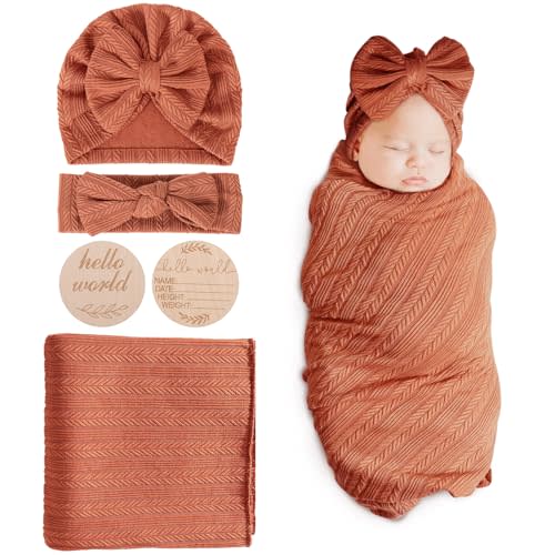 BQUBO Baby Swaddle Blankets for Girls, 4PCS Newborn Accessories Set with Matching Hat and Bow Headband with Hello World Wooden Birth Announcement Card