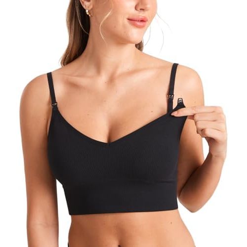 MOMANDA Ribbed Nursing Bras Women's Longline Sleep Breastfeeding Support Seamless Maternity Sports Bra V Neck Wireless