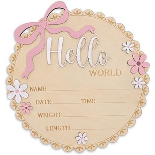 Hello World Wooden Baby Birth Announcement Sign, Pink Floral Newborn Name Date Time Weight Length Board, Baby Girl Nursery Decor Photo Prop Keepsake (Light Pink)