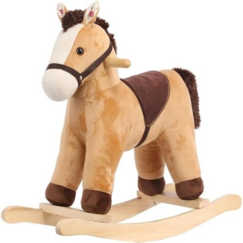 Plush Rocking Horse, Soft Filling Ride on Pony, Rocking Animal with Realistic Sound, Stuffed Rocker,Light Brown,CPC Certified
