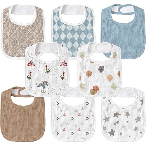 GLLQUEN BABY Muslin Drool Bibs for Boys Girls 8 Pack, Adjustable Baby Bibs for Drooling and Teething, Soft Cotton Baby Bandana Bibs for Newborn Feeding Essentials(Circus)