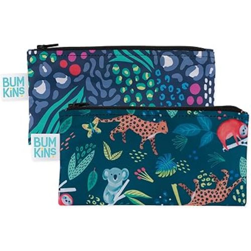 Bumkins Reusable Snack Bags, for Kids School Lunch and for Adults Portion, Washable Fabric, Waterproof Cloth Zip Bag, Supplies Travel Pouch, Food-Safe, 2-pk Jungle and Animal