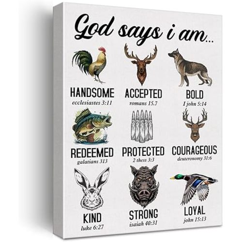 Christian Bible Verse Wall Art Canvas Painting Print Framed Hunting God Says I Am Scriptures Canvas Hunting Animals Poster Sign for Home Decor (12x15 Inch)