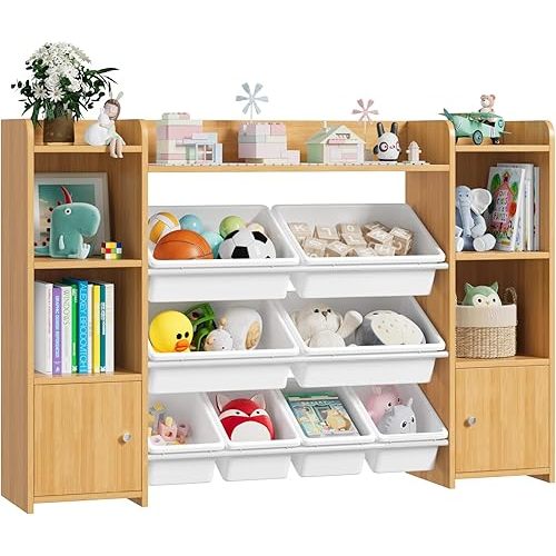 55''Large Toy Storage Organizer with 8 Toy Bins, Toy Organizers and Storage with Shelf and 6 Storage Cubbies, Bookshelf for Kids, Playroom Organization and Storage Bins, Natural