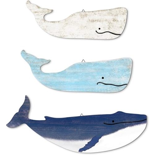 Putuo Decor Blue and White Whale Beach Wall Decor Wooden Nautical Decor Rustic Whale Wall Pediments Set 3 Piece Ocean Hanging Decor for Living Room Bedroom Bathroom
