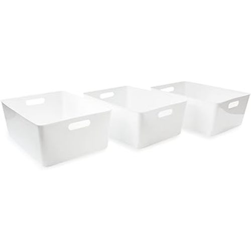 Isaac Jacobs 3-Pack XL White Storage Bin (13.9” x 10.6” x 5.75”) Set w/Cut-Out Handles, Plastic Organizer, Multi-Use, Home, Office, Pantry, Closet, Kitchen