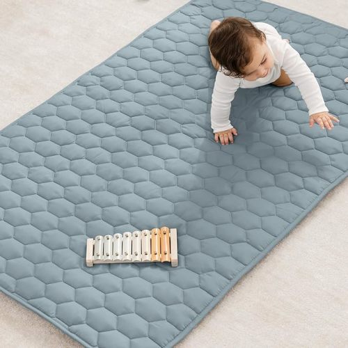 Comfy Cubs Rectangle Kids Play Mat - Small 36 x 60 inches Soft Quilted Baby Floor Mat with Non-Slip Bottom - Plush Design for Toddlers' Playtime - Comfortable and Durable - Pacific Blue
