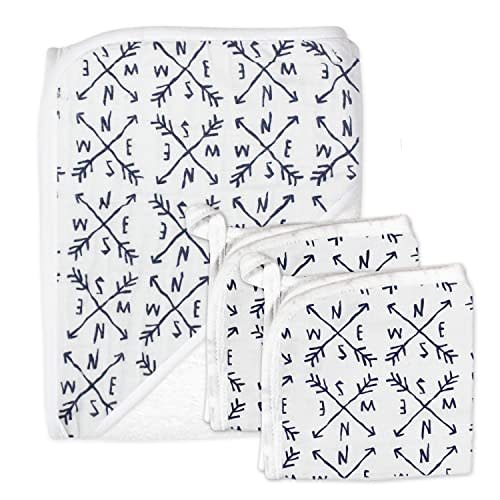 HonestBaby 3-Piece Organic Cotton Hooded Towel & Washcloth Set, Compass, One Size