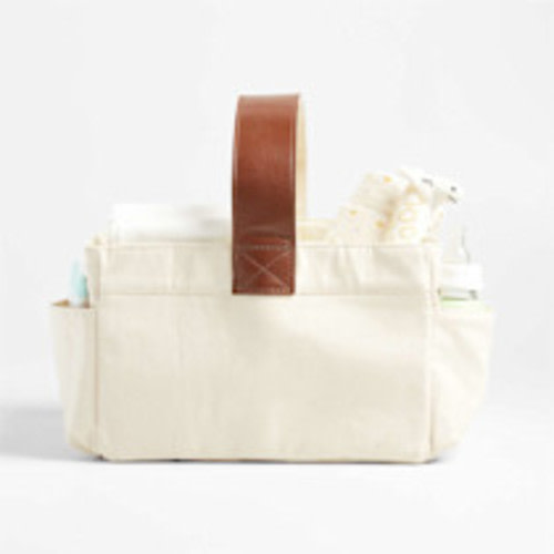 Crate & Barrel Kids Canvas Diaper Caddy Organizer with Brown Leather Handle
