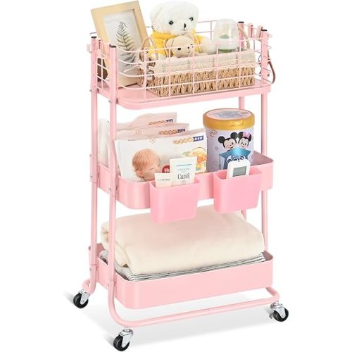 KINGRACK 3 Tier Utility Rolling Cart, Metal Storage Cart with Lockable Wheels, Multifunctional Storage Organizer Trolley with Mesh Baskets for Kitchen, Living Room, Office, Bathroom, Garage, Pink