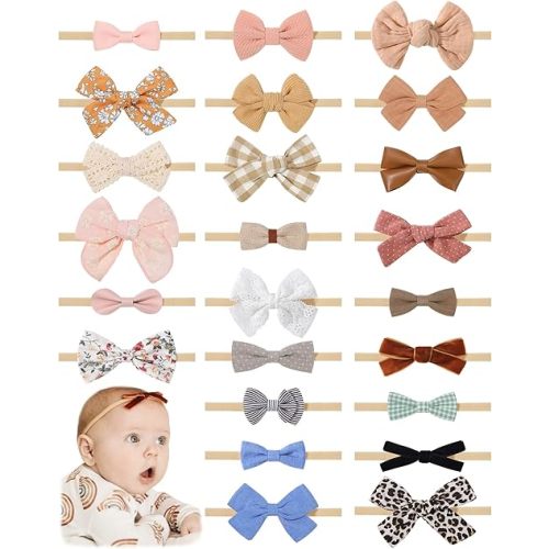 jollybows 24 PCS Baby Headbands and Bows Hairbands Soft Nylon Elastics Handmade Girls Hair Accessories for Newborn Babies Infant Toddlers Kids