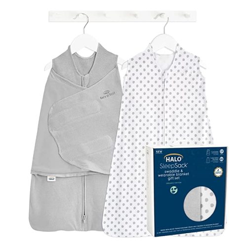 HALO Sleepsack Swaddle 3-6 Months and Wearable Blanket 6-12 Months 100% Organic Cotton 2-Piece Gift Set with Box, TOG 1.5, Cloud