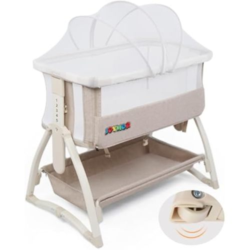 JOYMOR Bedside Sleeper Baby Bassinet with Wheels, Rocking Bassinet for Baby, Height Adjustable Breathable Net Bed Side, Baby Crib w/Washable Mattress, Mosquito Net, Storage Basket for Infants, Beige