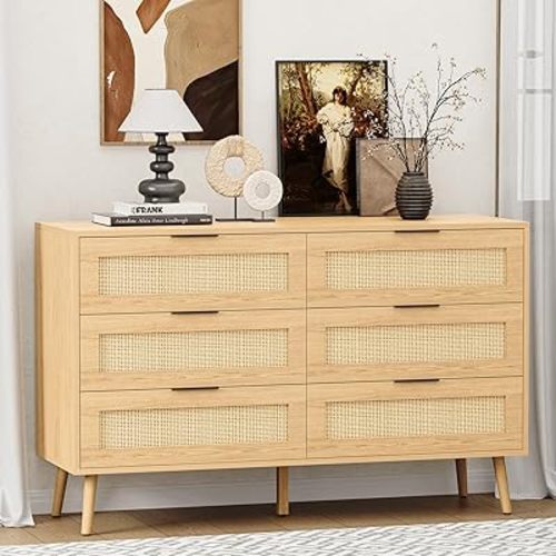 Dresser for Bedroom, Natural Rattan Closet Dresser with 6 Drawer, Wooden Dresser Chest of Drawers, Closet Dressers Chest for Nursery, Hallway, Living Room