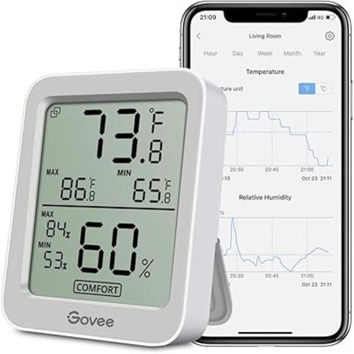 Govee Bluetooth Digital Hygrometer Indoor Thermometer, Room Humidity and Temperature Sensor Gauge with Remote App Monitoring, Large LCD Display, Notification Alerts, 2 Years Data Storage Export, Grey