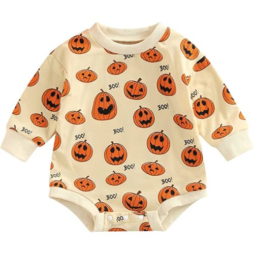 Halloween Baby Boy Girl Clothes Pumpkin Romper Sweatshirt Onesie Crewneck Oversized Long Sleeve Bodysuit Outfit - D Apricot - 0-3 Months