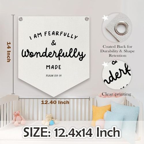 Bible Verse Banner – "I Am Fearfully and Wonderfully Made" Linen Wall Hanging, Religious Decor for Kids Room, Nursery, Classroom, 12.4x14 in