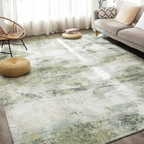 Carvapet 5 x 7 Large Green Rugs for Living Room Bedroom Dorm, Sage Green Modern Abstract Low Pile Carpet with Rubber Backing, Foldable, Non Slip Machine Washable Area Rug