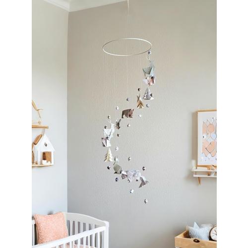 Origami Baby Mobile Enchanted Forest Animals with Stars in Spiral, beige, taupe, gray, white tones, neutral nursery and Whimsical decoration