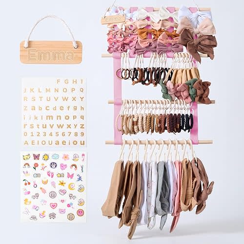Bow Holder for Girls Hair Bows, Hair Bow Organizer, Headband Holders, Hanger Wall, Clip Organizer, Ribbon Storage for BabyGirl Nursery Wall Decor - Nametag, XXL Hooks, Stickers included - Pink