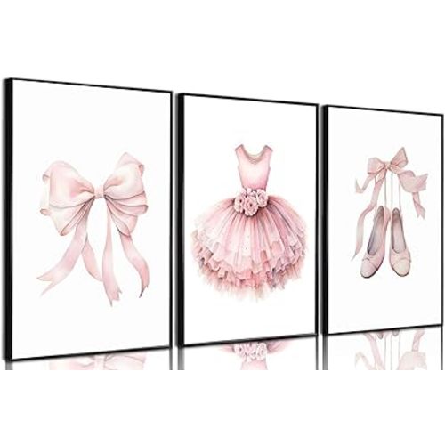 3Pcs Pink Ballet Nursery Wall Art Girls Baby Ballerina Painting Decor Picture Bow Dance Skirt Shoes Kids Posters Canvas Prints for Dance Studio Baby Room living Bedroom Decoration NO Framed
