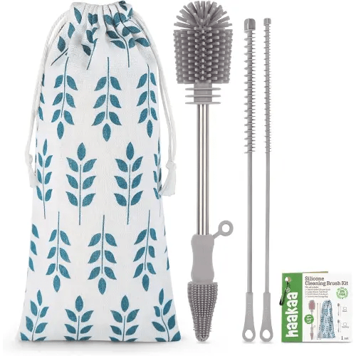 haakaa Silicone Bottle Brush for Breast Pumps, Breast Milk Collector, Baby Bottles, Nipples, Breastmilk Storage Bags - Cleaning Brush Kit - SUVA Grey