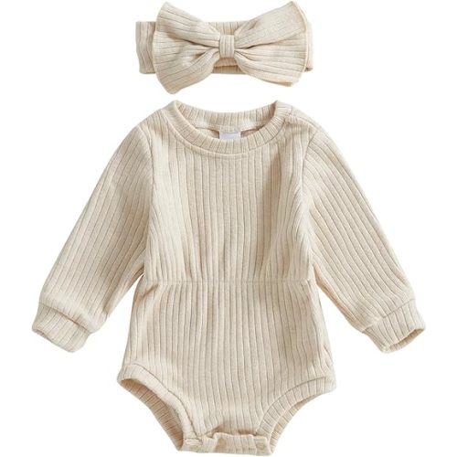 Karwuiio Newborn Baby Girl Fall Outfits Long Sleeve Ribbed Knit Jumpsuit Romper with Headband Infant Clothes Sets