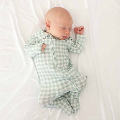 Peter Pan Collar Zipper Footie | Moss Gingham