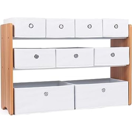 Humble Crew Toy Storage Organizer with 9 Removable Fabric Bins, Natural/White – Premium Playroom Toy Organizer for Toddlers Ideal for Kids' Rooms, Playrooms, and Nurseries - Modern Toy Bins for Kids