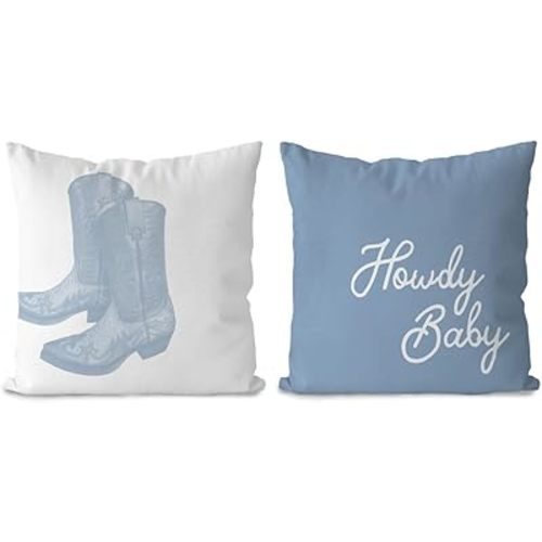 DOTAIN Western Howdy Pillows Pillow Covers 18x18,Blue Pillow Covers,Howdy Baby Cowgirl Boots Pillow Cover,Cowgirl Room Decor,Western Cowgirl Decor,Blue Room Dorm Decor,Set of 2