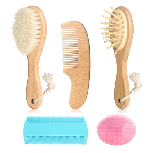 Goat Baby Hair Brush Set, Wooden Comb Massage Scalp Comb, Safe Natural Hair Care Kit, Soft Silicone Bath Brush for Newborns Toddlers (Brush Set+ Pink Massager)