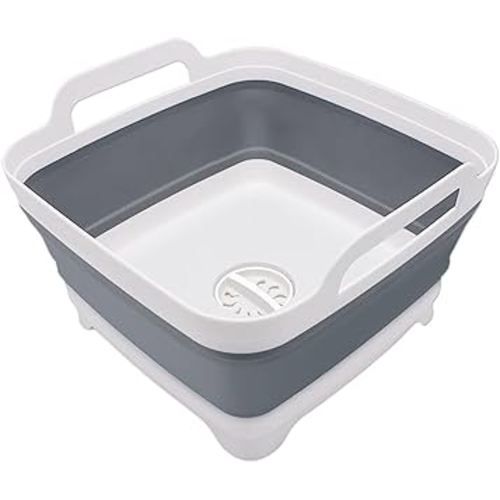 2.4 Gal(9L) Collapsible Dish Basin with Drain Plug, Space Saving Outdoor Multiuse Foldable Sink Tub, Dishpan, Kitchen Storage Tray for Camping, Vegetable Washing, RV (Gray)