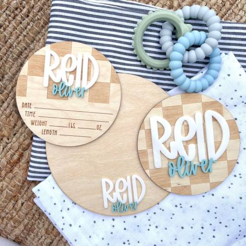 Baby Announcement Sign, Birth Announcement Round, Stat Sign, Personalized Baby Name Sign, Checkered, Checkerboard, Retro Decor