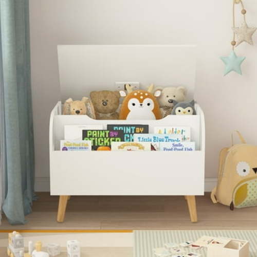 PORKISS Kids Toy Box, Wooden Toy Storage Organizer for Boys Girls with Front Bookshelf, Flip-Top Lid, Safety Hinge, Modern Toy Chest Bench with 4 Legs for Playroom, Bedroom, White
