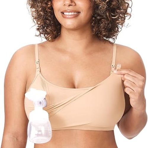 MOMANDA Women's Inbarely Pumping Bra Hands Free All-in-One Seamless Nursing Bras for Breastfeeding Maternity Patented Warm Beige XX-Large