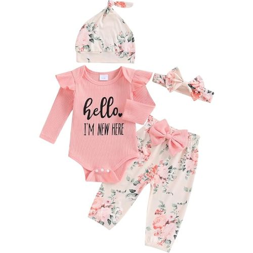 Hello World Newborn Outfit Baby Girl Going Home Outfit Ruffle Ribbed Romper Top Floral Pants Set Cute Summer Clothes