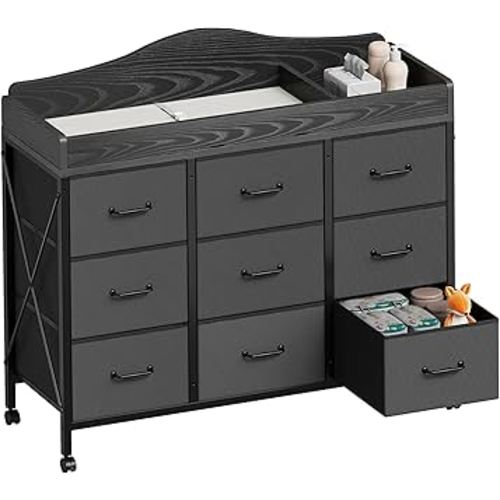 Baby Changing Table with 9 Fabric Drawers, Waterproof Diaper Changing Station & Pad, Mobile Nursery Diaper Changing Table, Baby Furniture, Bedroom, Black