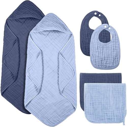 Hahafelt 6 Pcs Muslin Hooded Bath Towels Washcloths and Bibs Set, Muslin Cotton Baby Towels Absorbent Hooded Blanket Towel Infant Bibs for Boys Girls Newborn Infant Essential(Dark Blue, Light Blue)