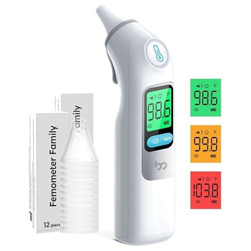 Ear Thermometer, Highly Accurate Ear Thermometer for Kids, Adults and Babies, 30 Memory Recall, 1s Result and 3-Color Fever Alert, with 24 Disposable Probe Covers, White - LCD-White