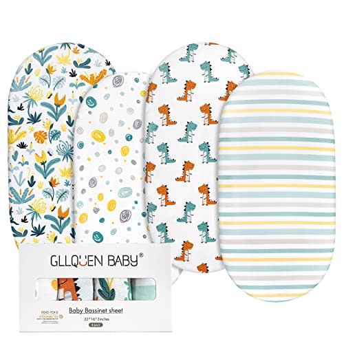Gllquen Baby Bassinet Sheets 4 Pack, Breathable Cozy Fitted Mattress Sheet, Elastic Travel Crib Fashionable Floral Pattern, Standard Cradle Safe Sheets for Baby Boy Girls 32"X16"(Dinosaur)